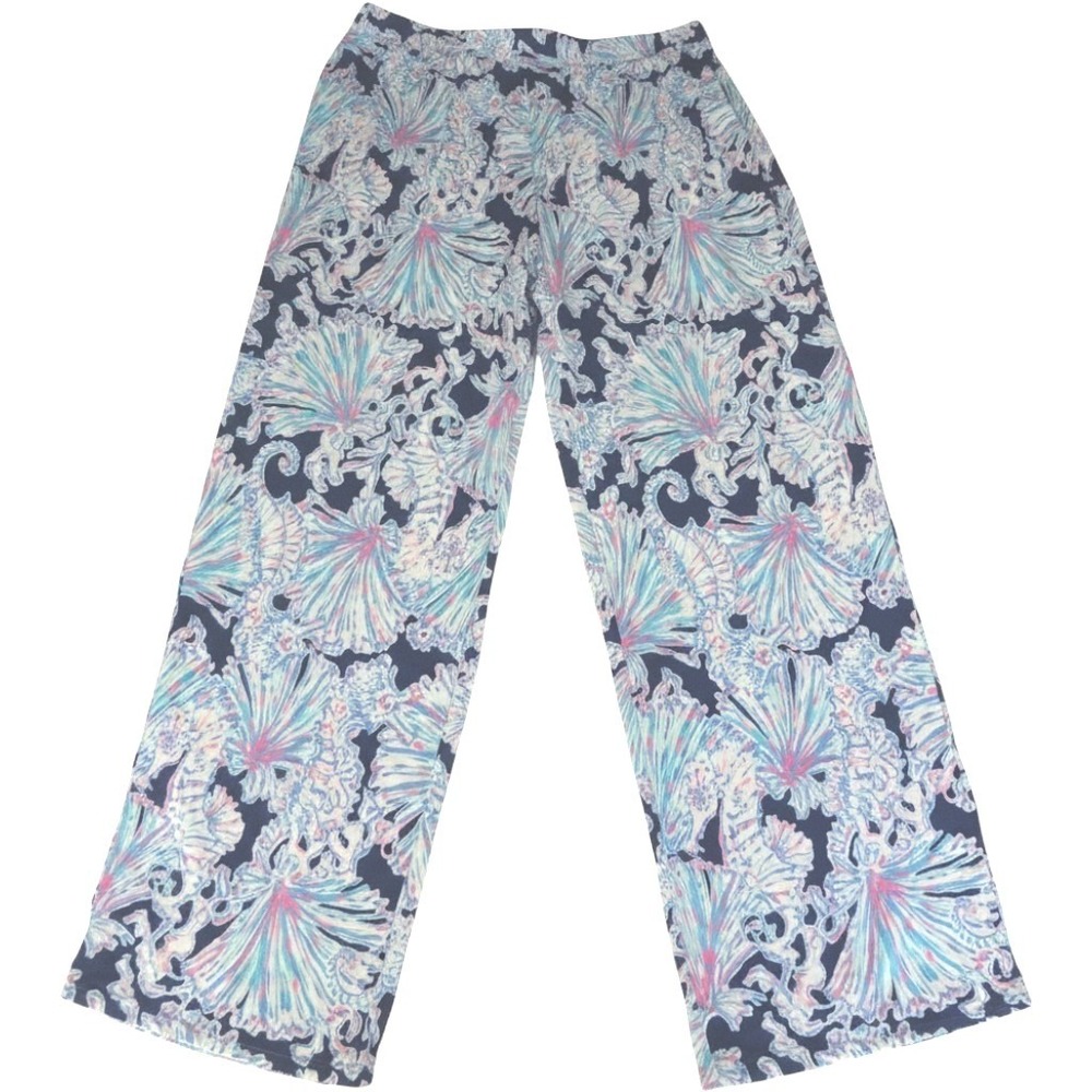 Lilly Pulitzer Wide Leg Pants Womens XL Navy Blue Excellent Seahorse Shell Print